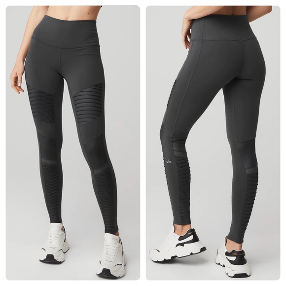 NEW Size XS Alo Yoga Grey Anthracite High Waist Moto Mesh Panel Leggings - Picture 1 of 13